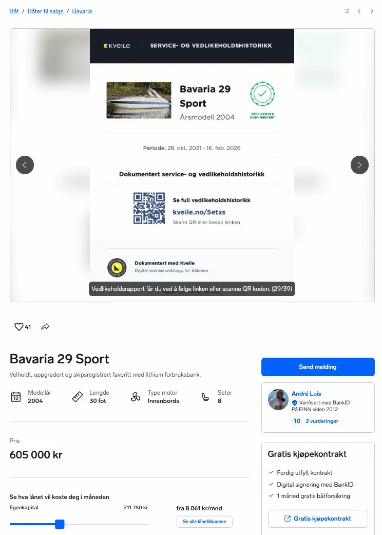 Eksempel på salgsrapport fra Kveile — servicehistorikk og QR-kode klar for kjøper