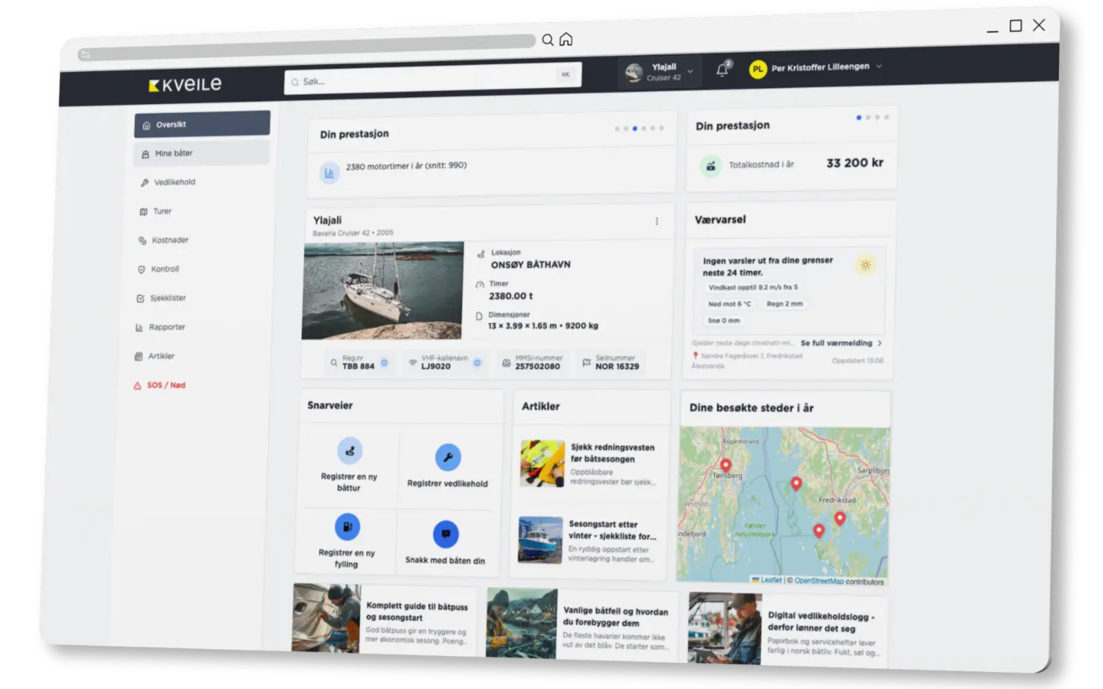 Dashboard med båtoversikt og deling